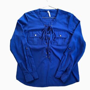 True Destiny Blue Lightweight Long Sleeve Lace up Blouse with Pockets | Large